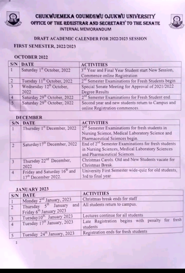 ANSU >> (COOU) Academic Calendar For 2022/2025 —