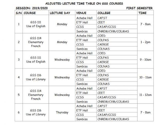 MOUAU GSS Lecture Timetable