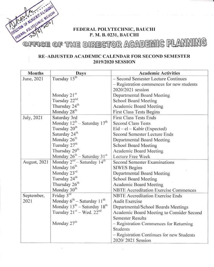Federal Poly Bauchi Academic Calendar